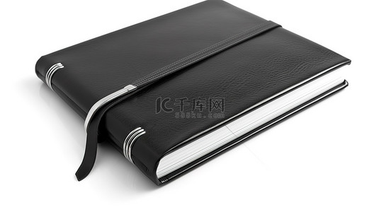 白色背景上黑色皮革个人日记或组织者书的 3D 渲染