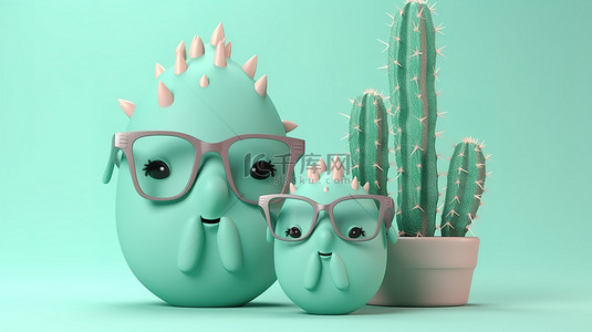 创意卡通眼镜背景图片_柔和的背景与孤立的元素 3D 插图可爱的仙人掌角色戴着眼镜