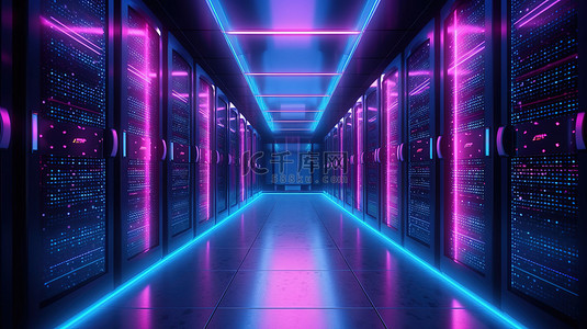 黑色主题托管服务器机房照明着迷人的粉色和蓝色灯光，以 3D 插图专业渲染
