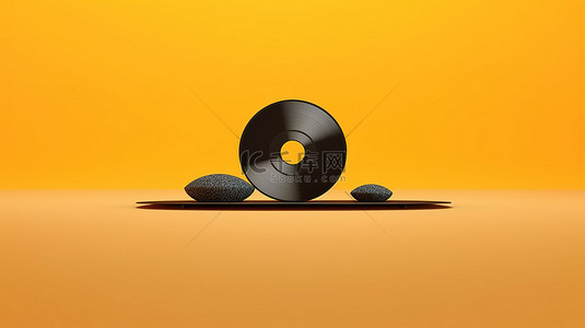 黄沙背景上黑色乙烯基唱片的 3D 渲染完美平衡