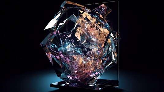 玻璃制成的 3D 抽象图形位于框架中心，具有折射玻璃元素