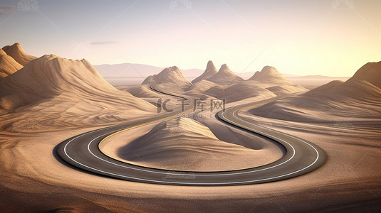 沙漠旅游广告背景图片_弯曲的公路旅游度假广告创意3D沙漠公路旋向远方插画