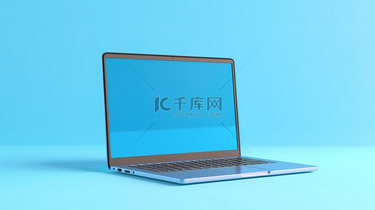 蓝色背景上带有复制空间的蓝色笔记本电脑的简约商业模型 3D 渲染