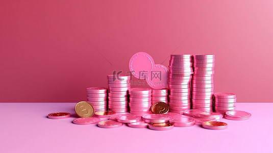 3D 渲染展示投资利润与增长箭头和货币硬币在鲜艳的粉红色背景