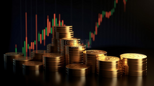 股票价值上升 3D 插图上升趋势投资图与硬币图标