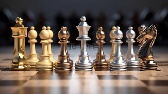 3D 插图中雄伟的国际象棋国王被其他棋子包围