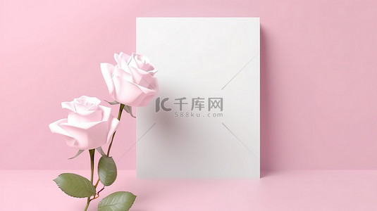 粉白玫瑰背景图片_用粉红玫瑰和空白白皮书进行情人节概念的 3D 渲染