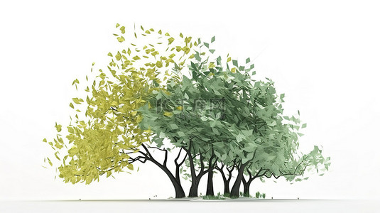春夏森林背景图片_白色背景孤立的 3d 树叶渲染