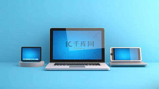 蓝色和平背景图片_蓝色墙架，配有数字设备 3D 渲染笔记本电脑手机和平板电脑