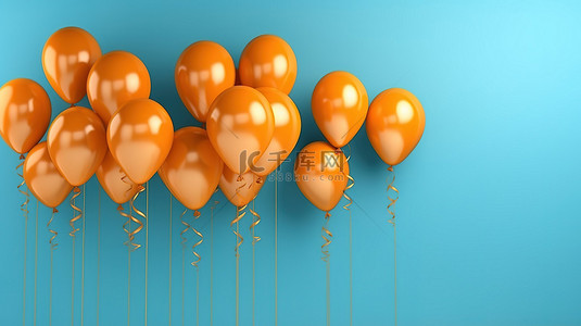 充满活力的橙色气球聚集在令人惊叹的蓝色墙壁上水平横幅 3D 插图渲染