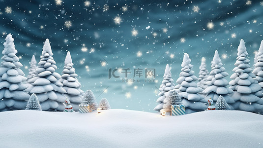 手绘旗帜背景图片_圣诞松树和雪背景 3D 渲染节日的插图
