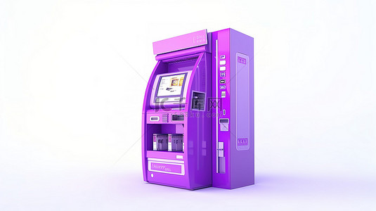 具有紫色业务技术的白色背景 atm 机的 3d 渲染