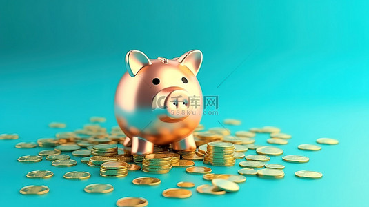 金融背景图片_蓝色背景上的存钱罐的 3D 渲染，硬币掉落以节省您的钱