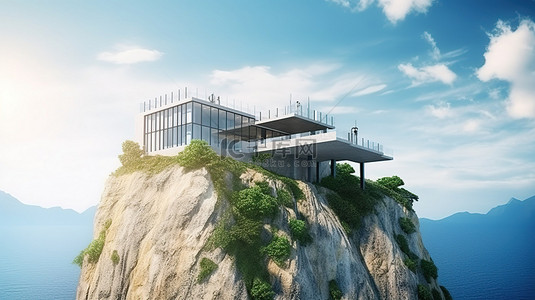 3D 渲染的山崖景观上的海滨别墅建筑