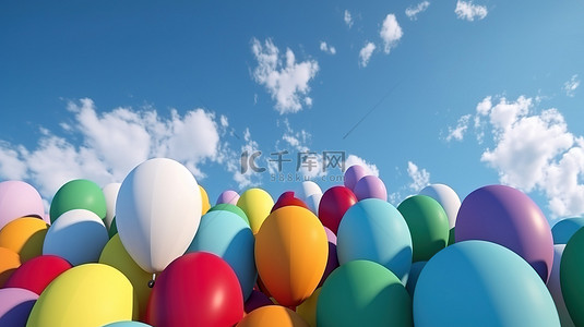 充满活力的充气气球漂浮在白卡上，映衬着 3D 渲染的蓝天