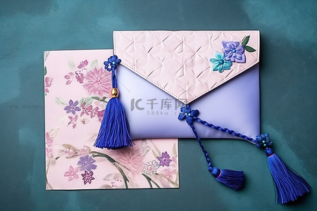 花蓝色花背景图片_带流苏叶的蓝色花信封和粉红色背景上的蓝色信封