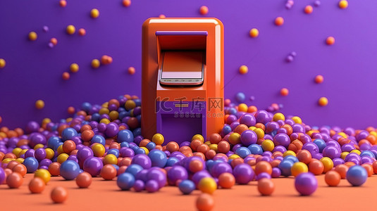 充满活力的橙色 atm 周围环绕着现金和彩色球，呈现令人惊叹的紫色 3d 渲染