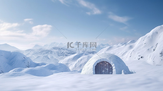 广阔雪原中雪山和孤立冰屋的北极景观 3D 渲染