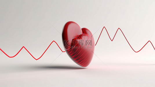 心电图医疗背景图片_白色背景上带有脉冲线的红心图标的 3D 渲染插图