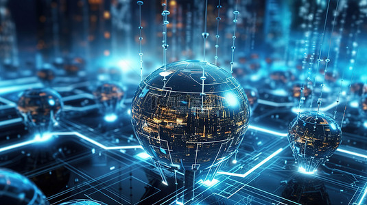 具有未来数字数据流的网络安全全球网络连接结构的 3D 渲染