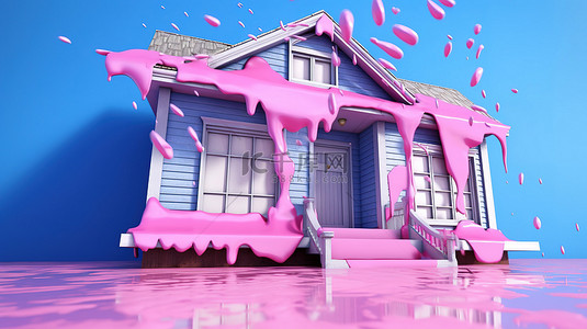 蓝色房屋背景图片_蓝色房屋墙壁的 3D 渲染，粉红色油漆飞溅