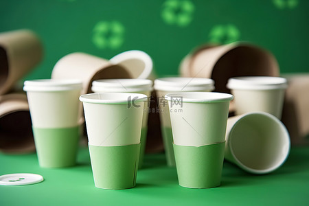 绿色能源环保背景图片_带塑料回收袋的绿色纸杯