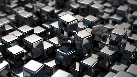 简约钢金属立方体图案背景的等距 3D 渲染