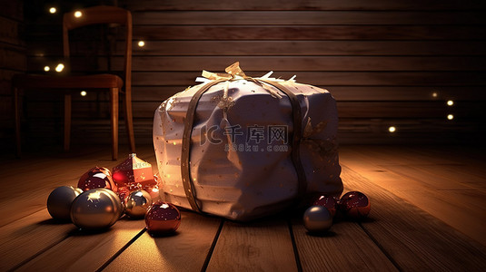 新年快乐背景图片_节日 3D 木桌装饰着圣诞袋，里面装满了礼物