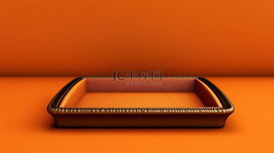 充满活力的橙色背景上的棕色织物托盘和黄铜边缘空白开盒的 3D 渲染