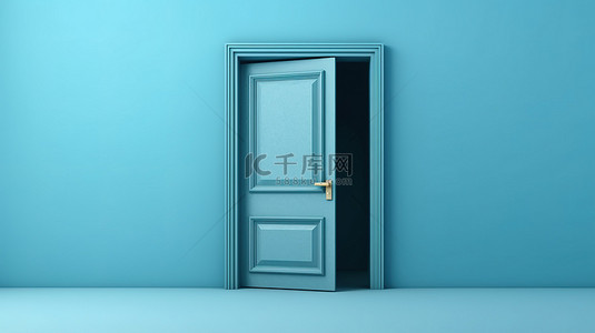 蓝色墙壁上打开的门的 3D 渲染为您的项目提供完美的高分辨率背景