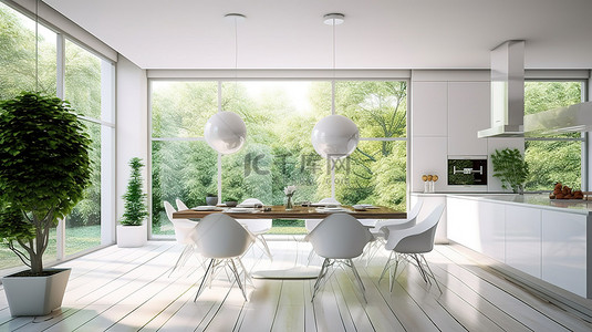 漂亮风景背景图片_白色餐厅和厨房的 3D 渲染，可欣赏自然风景