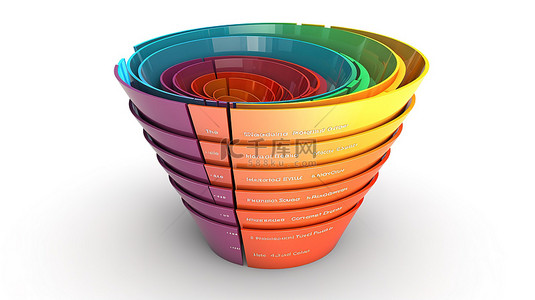 3D 渲染中的转换漏斗销售图表隔离在白色背景上用于营销