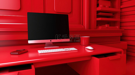 电脑红色背景背景图片_3d 插图红色办公桌以电脑为背景
