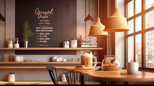 咖啡店的 3D 插图展示建筑设计和带有优雅灯光的横幅菜单模型