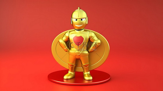 黄色背景下忠诚计划的角色吉祥物的 3D 渲染，带有红色盾牌和金色奖金硬币