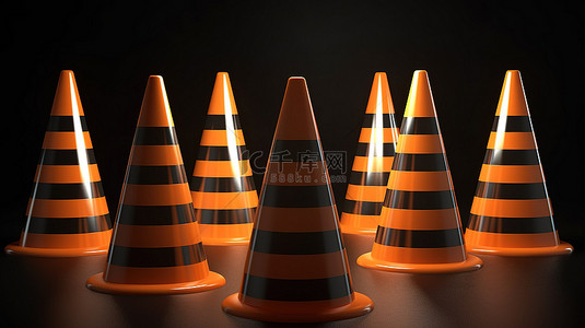 安全条纹背景图片_逼真的 3d 交通锥渲染带有白色条纹的橙色路锥