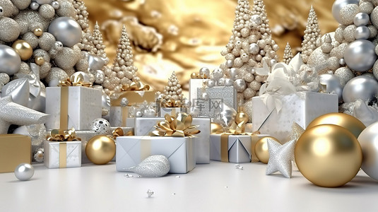圣诞礼物季背景图片_3d 渲染的圣诞礼物和装饰品背景