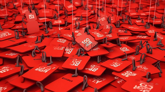红色背景上的吊牌和百分比的 3D 渲染非常适合黑色星期五销售概念设计