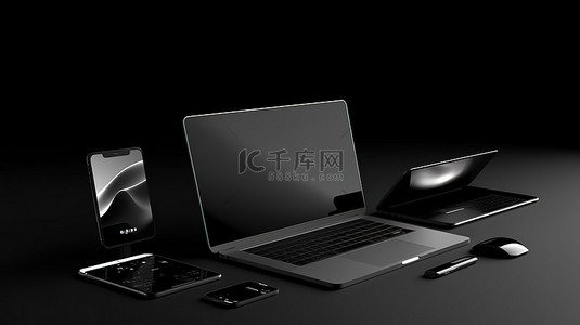 时尚的黑色样机集，配备 3D 渲染笔记本电脑平板电脑和手机