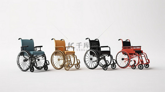 的轮椅背景图片_以 3D 渲染的空白白色表面上无人使用的轮椅的变化