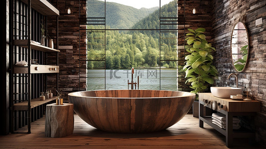 现代浴缸与 3D 渲染浴室的乡村魅力相遇