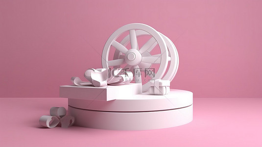 圣诞转盘背景图片_带 3D 渲染白色礼品盒的粉红色转盘