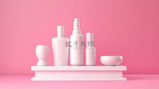 喷粉背景图片_粉红色背景的 3D 渲染，带有粉红色圆柱形产品的底座和顶部的白色化妆品瓶