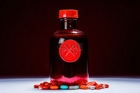 一个红色药瓶，旁边有一个红色标志