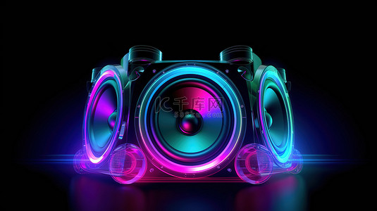 低音扬声器背景图片_3D 渲染的黑色背景上霓虹灯照亮的单个扬声器