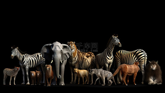 黑色背景下的大量不同的 3D 动物园动物和插画