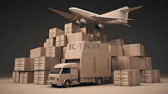 运输货物 3D 渲染图，纸板箱中间有板条箱，运输集装箱，飞机，汽车，货车和卡车