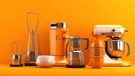 充满活力的橙色背景下单色厨房用具的 3D 渲染