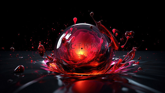 宇宙运动中红色液体球体在黑色背景下的优雅 3D 插图，非常适合现代和未来模板