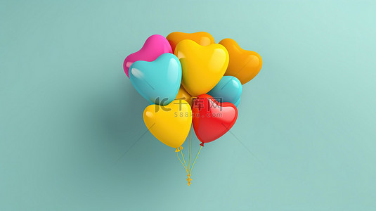 新一年背景图片_充满活力的心形气球在阳光明媚的黄色混凝土背景下庆祝新年 3D 渲染横幅横向